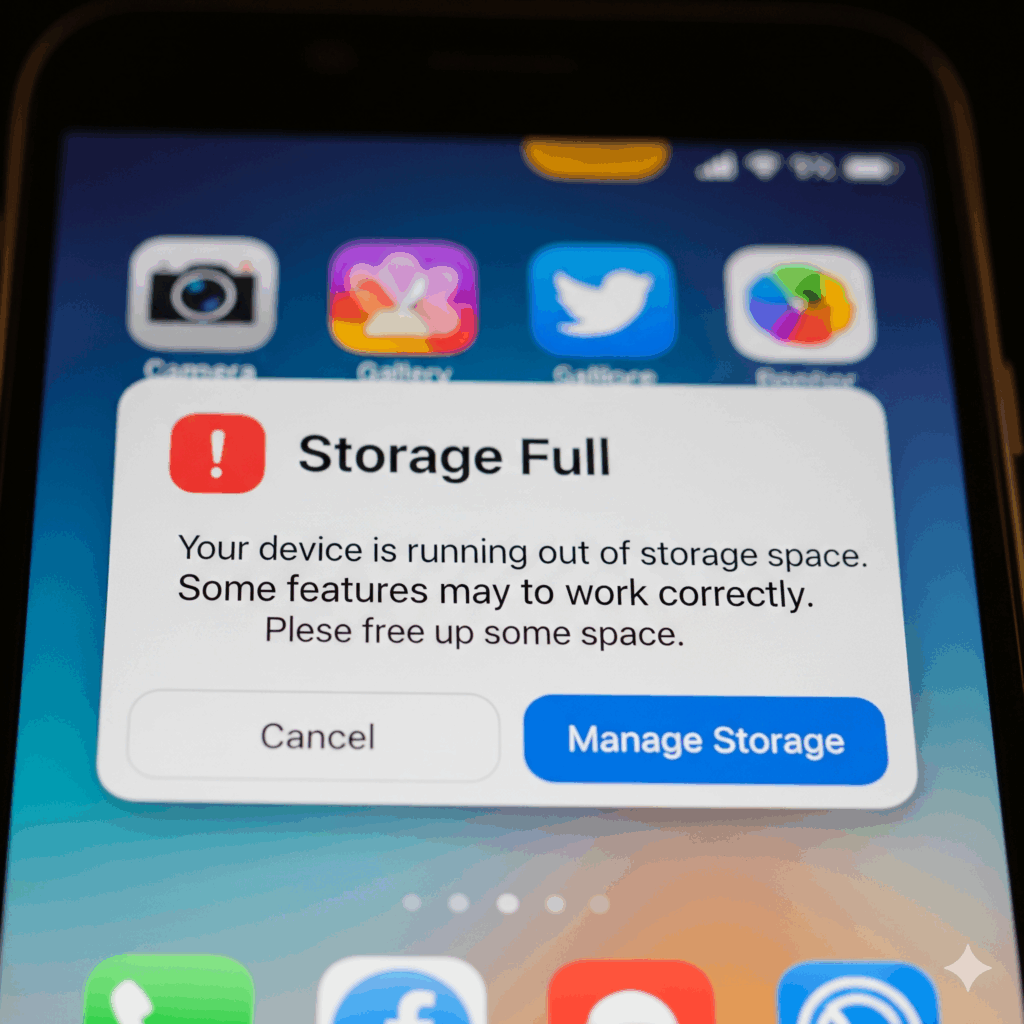 A close-up of a smartphone screen displaying a "Storage Full" pop-up warning, with app icons blurred in the background.