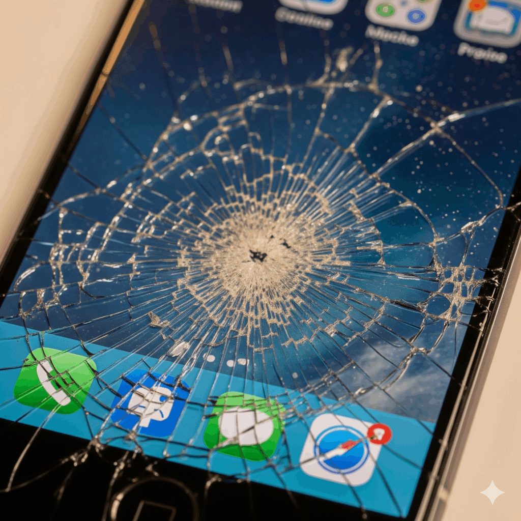 A cracked iPhone screen showing a web of shattered glass radiating from the center of the display. Colorful app icons are visible at the bottom of the screen.