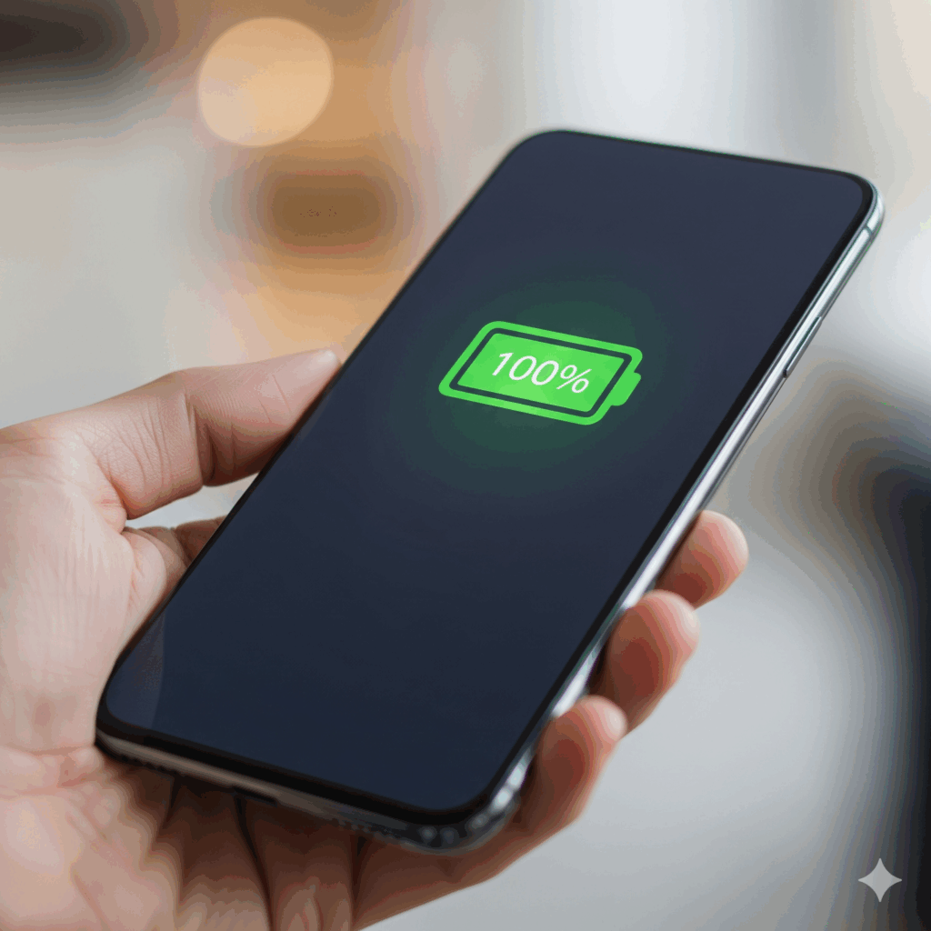 A close-up of a hand holding a modern smartphone with a full, 100% green battery icon displayed on the screen, symbolizing a long-lasting charge.