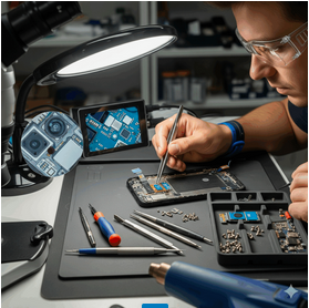 A phone camera repair technician is working on a disassembled smartphone, using tweezers to carefully manipulate a flex cable near the camera module. The workbench is clean and a microscope with a screen is visible.