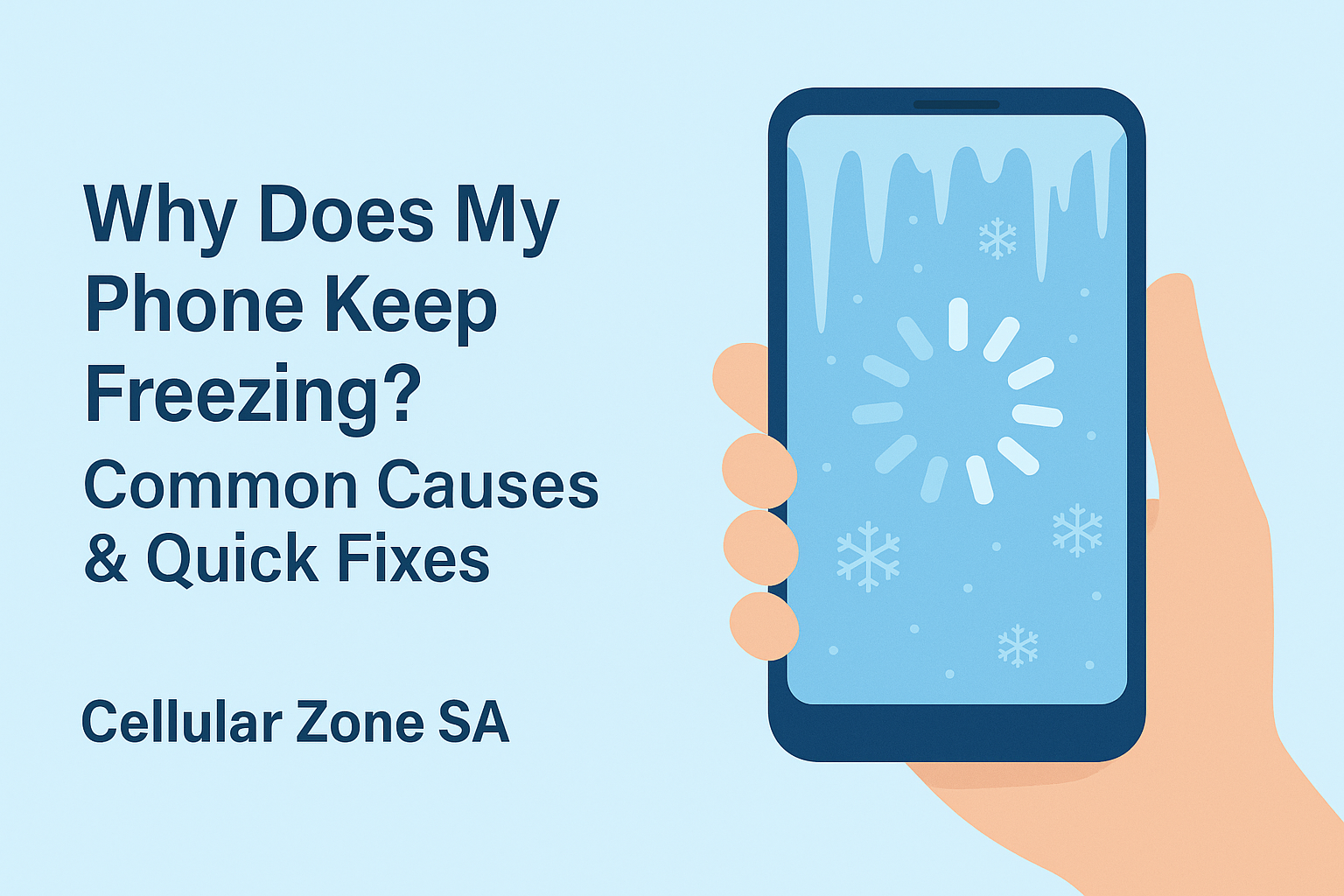 Digital illustration of a hand holding a smartphone with a frozen screen showing snowflakes and a loading icon, symbolizing phone freezing issues. Text on the left reads “Why Does My Phone Keep Freezing? Common Causes & Quick Fixes | Cellular Zone SA.”