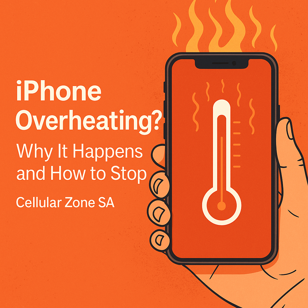 Digital illustration of a hand holding an overheating iPhone with a large thermometer icon and rising heat waves on the screen. Text on the left reads “iPhone Overheating? Why It Happens and How to Stop | Cellular Zone SA” against an orange background.