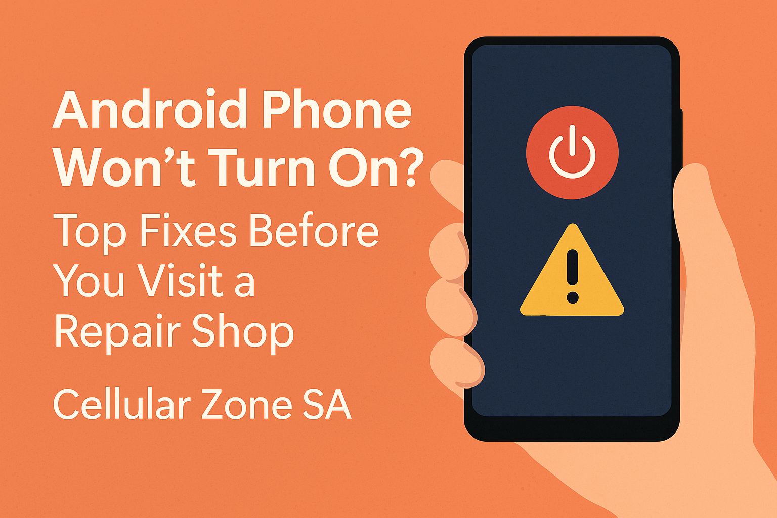 Digital illustration of a hand holding an Android phone with a power symbol and warning triangle on the screen. Text on the left reads “Android Phone Won’t Turn On? Top Fixes Before You Visit a Repair Shop | Cellular Zone SA” against an orange background.