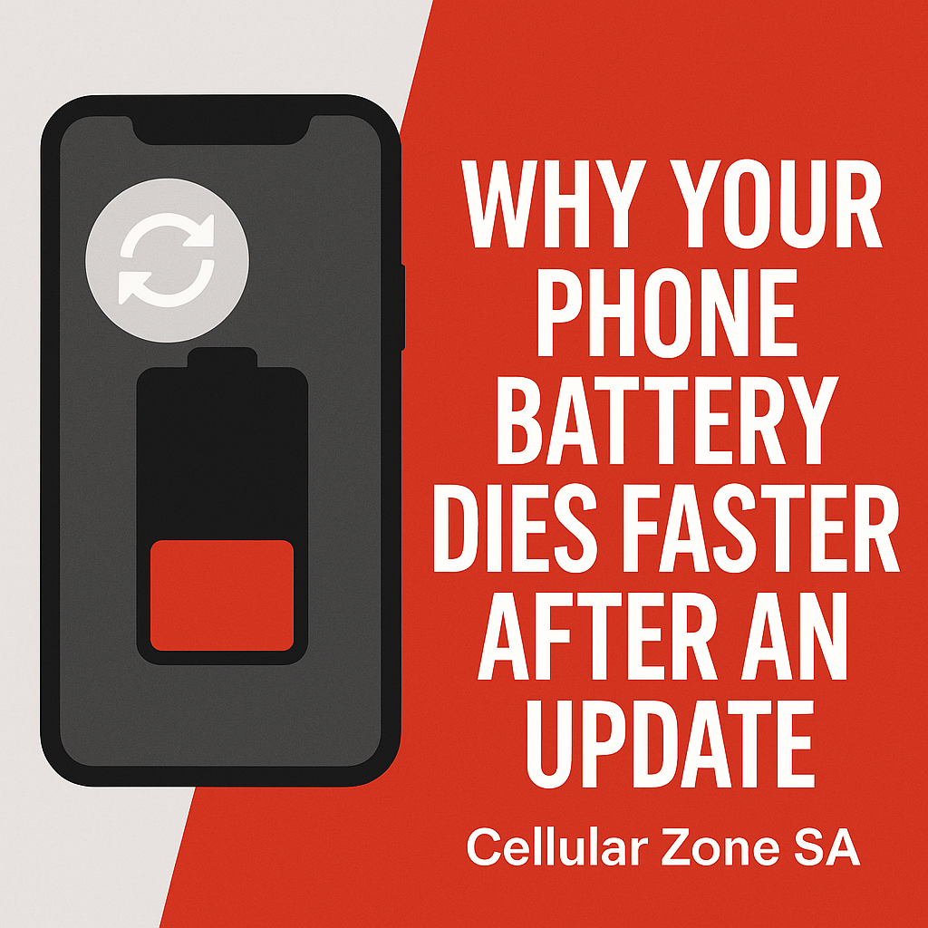 Smartphone with low battery icon and update symbol beside bold text reading “Why Your Phone Battery Dies Faster After an Update – Cellular Zone SA,” in red and black theme.