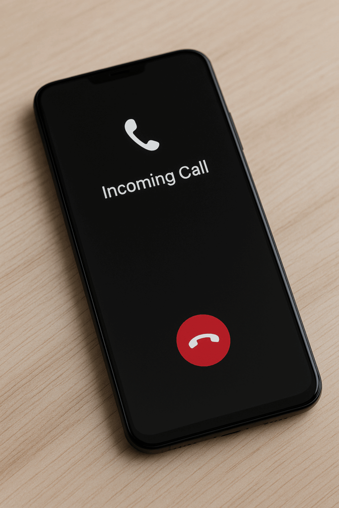 A modern smartphone placed on a wooden surface showing an incoming call with a blank screen, representing proximity sensor malfunction and repair concept.