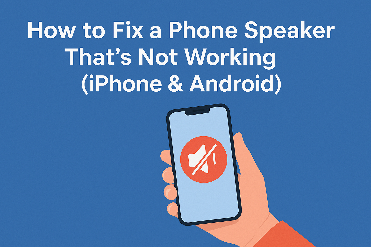 A digital illustration showing a hand holding a smartphone with a muted speaker icon on its screen, symbolizing a phone speaker not working. The background is blue, and the blog title “How to Fix a Phone Speaker That’s Not Working (iPhone & Android)” appears above in bold white text.