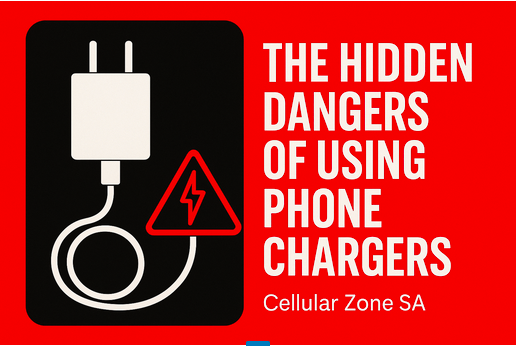 Illustration showing a white phone charger with a red lightning hazard symbol and bold text reading “The Hidden Dangers of Using Phone Chargers – Cellular Zone SA,” in a red and black theme.