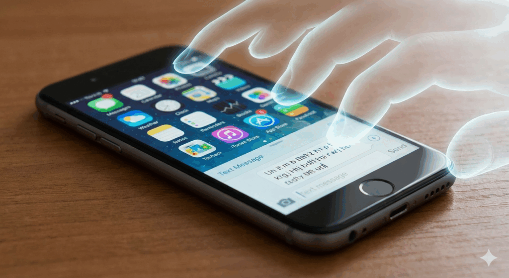 Close-up of a smartphone on a wooden table, showing a text message being typed by translucent, glowing "ghost" hands, symbolizing an unwanted "ghost touch" screen glitch.