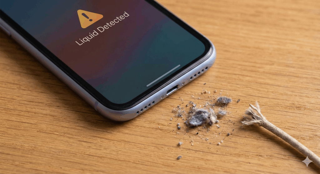 Close-up view of a smartphone charging port and USB cable on a table, illustrating the liquid detected error alert concept.
