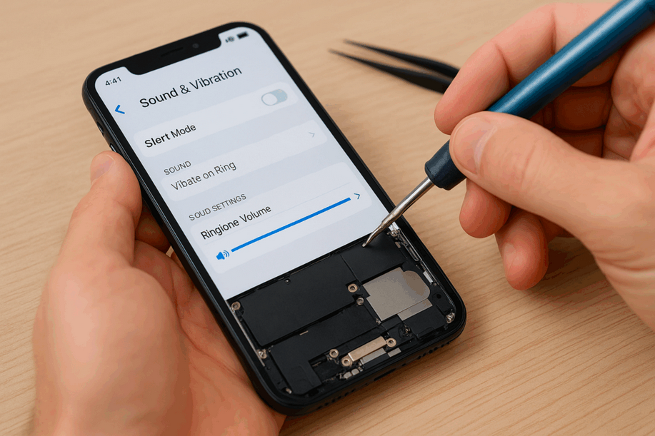 Technician repairing a smartphone speaker while checking sound and vibration settings on the screen in a clean modern workshop.