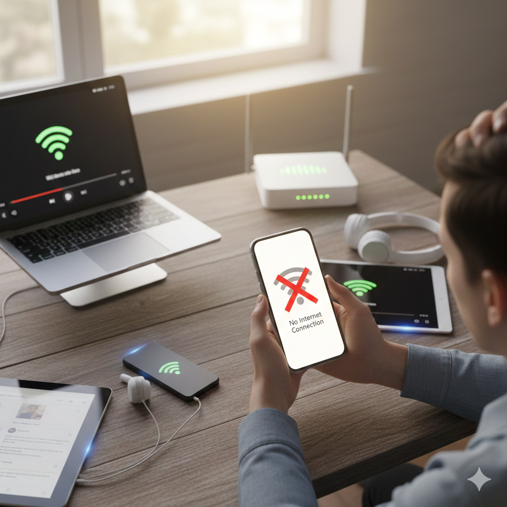 A frustrated person holding a smartphone showing a "No Internet Connection" error and a red X over the Wi-Fi symbol, while a nearby laptop and tablet show active green Wi-Fi connections on a wooden desk.