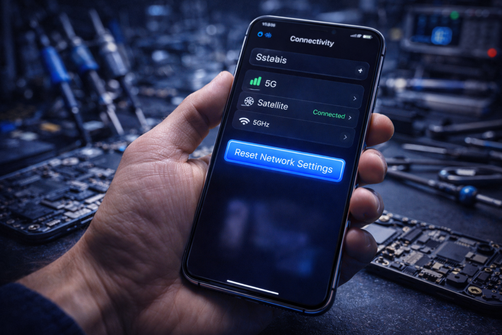 Technician adjusting network settings on smartphone
